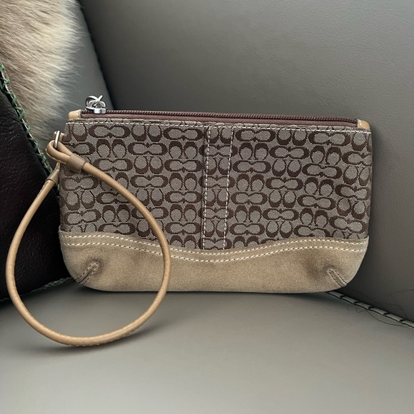 Coach Handbags - Coach Signature Jacquard Nubuck Suede Wristlet – Beige/Tan